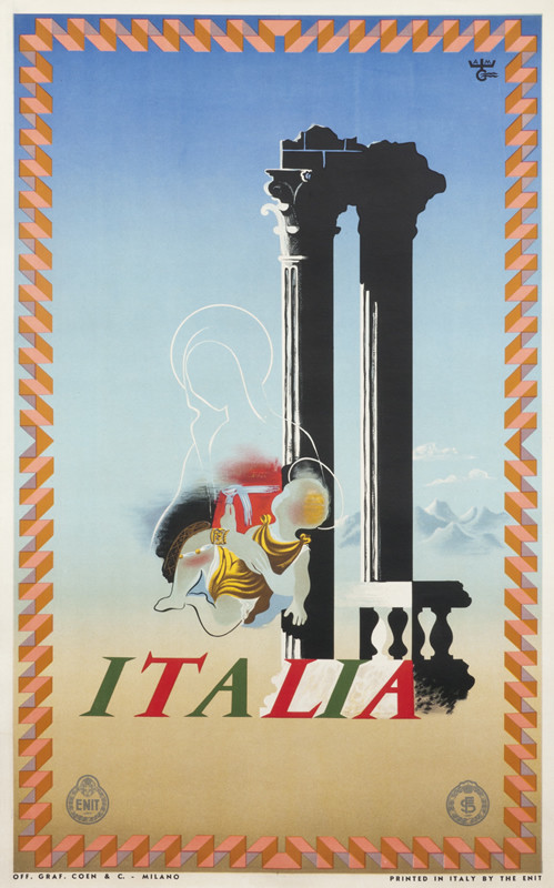 Italian columns, landscape and Madonna; red, green, beige, blue