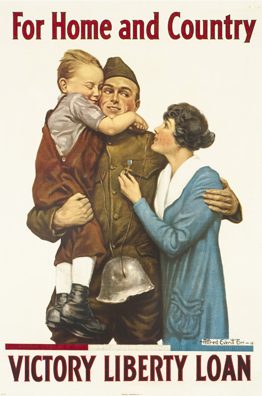 Solider embraces wife and holds son; red, brown, blue