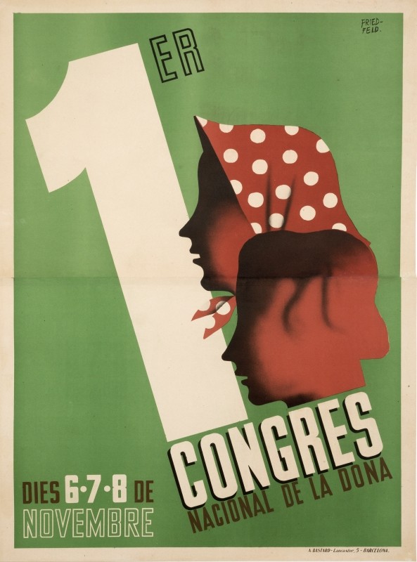 Profiles of two women with large number 1; red, orange, green