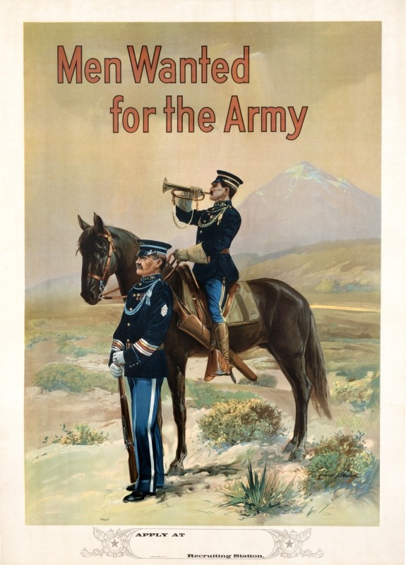 Soldier stands next to horse, calvary soldier playing bugle atop horse, mountains behind; blue, red