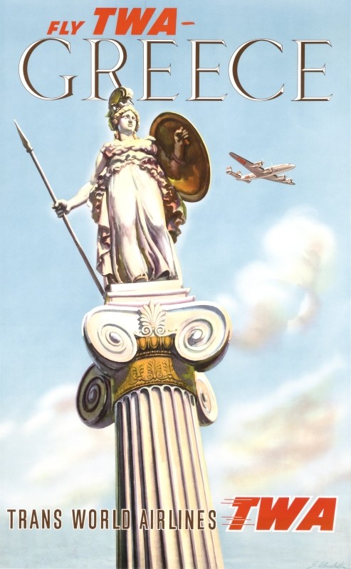A TWA Constellation flies over a Greek statue of a Athena; blue, red, yellow