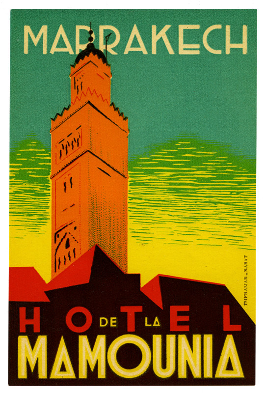 View of Koutoubia Mosque and skyline; orange, green, red, yellow
