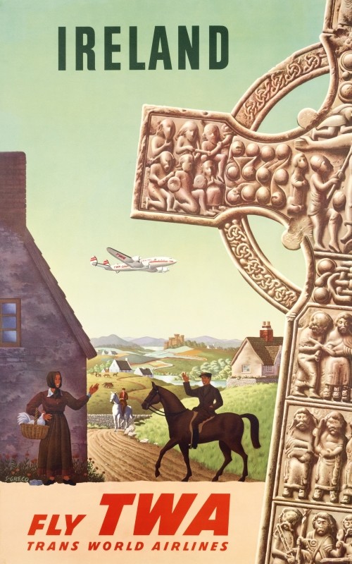 Constellation flies over Irish town with Celtic stone cross in front; white, red, green, brown