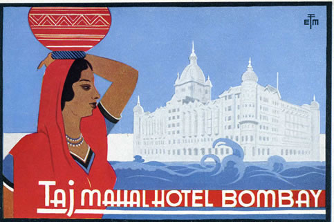 Taj Mahal, woman with jug on head, ocean waves; red, blue, black, white