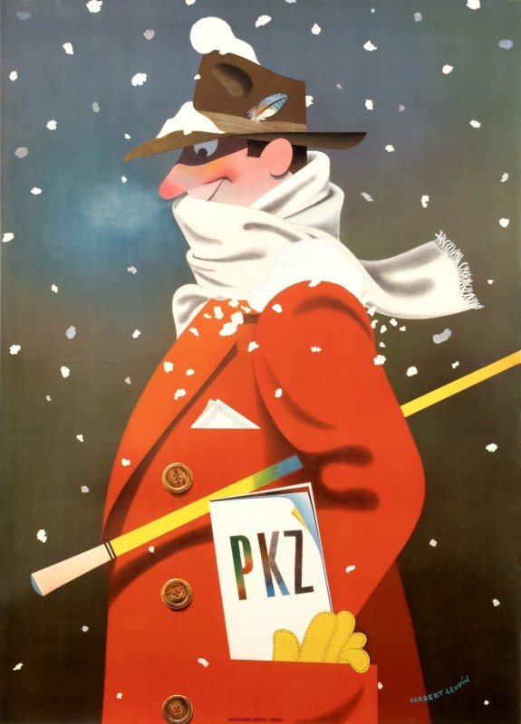Man in winter clothing walks, snow collects on his hat; gray-blue, red, yellow