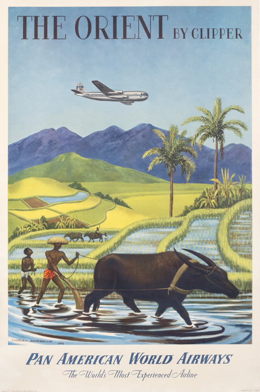 Farmers in rice paddies with plane overhead; blue, green, yellow
