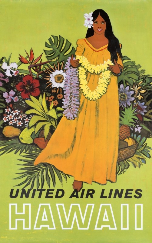 Woman in tropical setting holding out a lei; green, yellow, orange, purple