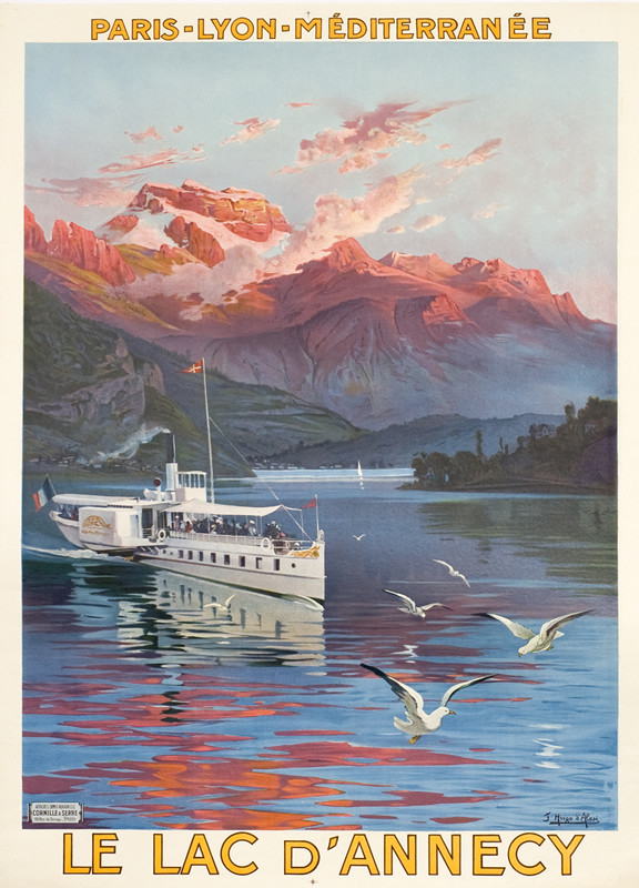 Steamboat in lake with seagulls; pinks, blues