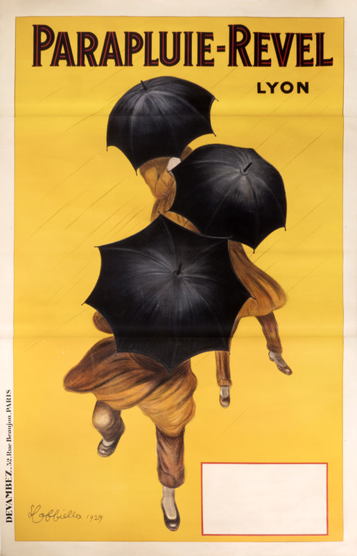 Three men with black umbrellas in rain; yellow, red, black