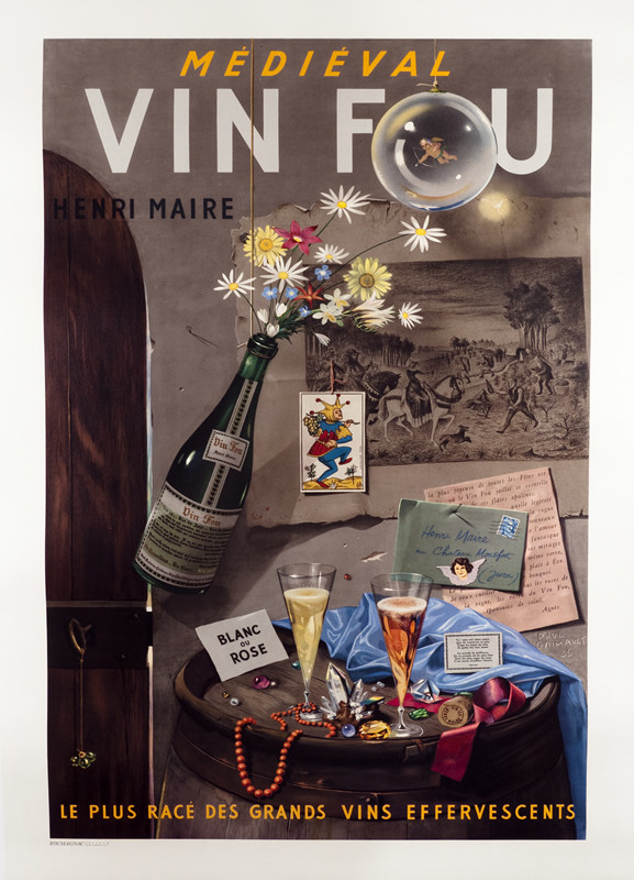 Still life scene  of various objects including wine bottle, flowers, letters, jewelry; green, brown, orange