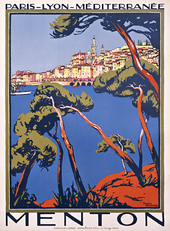 View of coastal city from behind trees; orange, blue