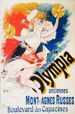 Woman with cymbles; red, pink, blue, orange