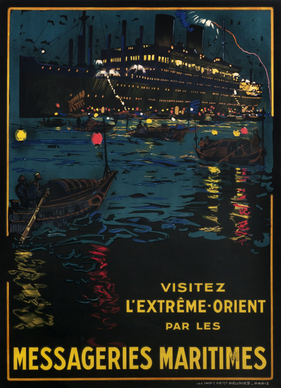 Ship at night with boats with Chinese lanterns, light reflecting on water; black, blue, yellow
