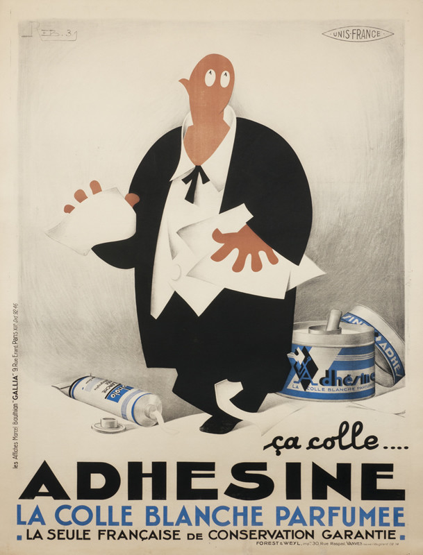 Man in suit with paper glue to his hands and feet by adhesive; black, blue