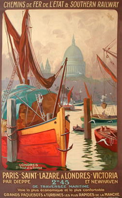 View of St Paul's Cathedral through boats on Thames river; red, brown, yellow, purple