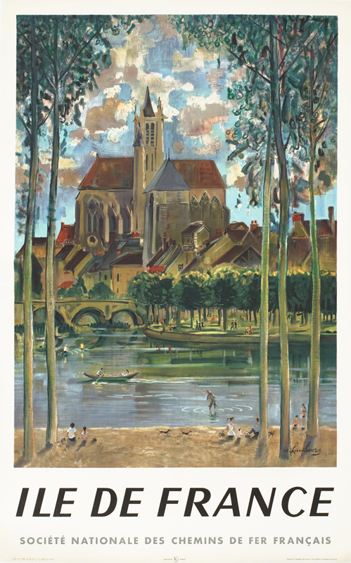 Painterly view of Ile de France in Paris, Notre Dame, Seine, families playing, boats in river; green, brown, blue