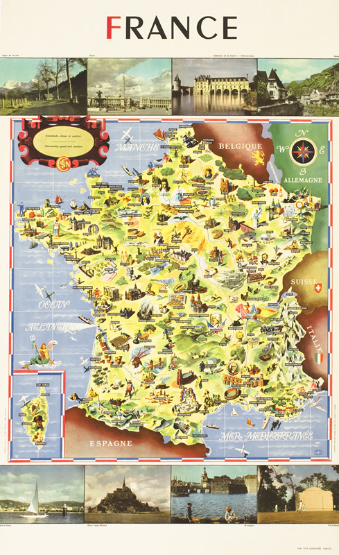 Map of France in cartoon style with cities, destinations, products all highlighted, photos of destinations at borders; green, blue, red