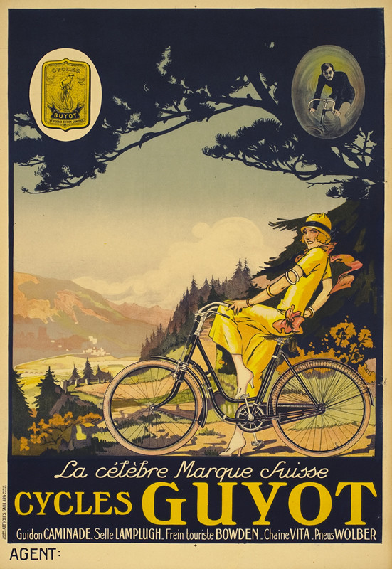 Smiling blonde woman leans to rest on bicycle under tree, countryside, mountains, forest; yellow, blue, green, brown
