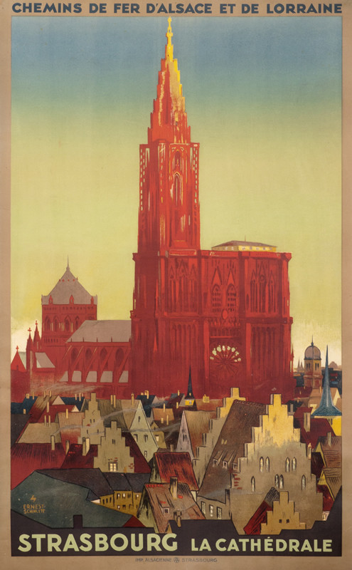 View of Strasbourg Cathedrale and surrounding buildings in Alsace-Lorraine; brown, blue, red, green