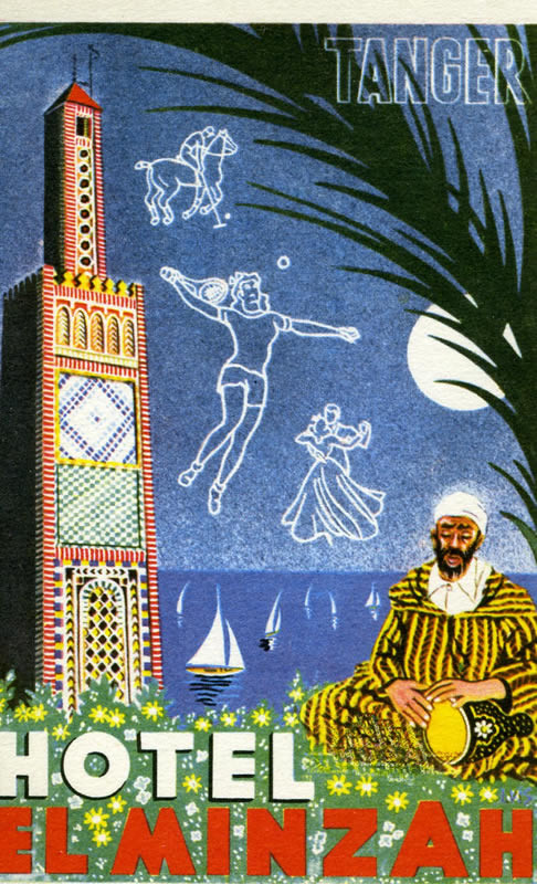 Man playing drum on waterfront, people playing polo, tennis, and dancing; yellow, blue, red