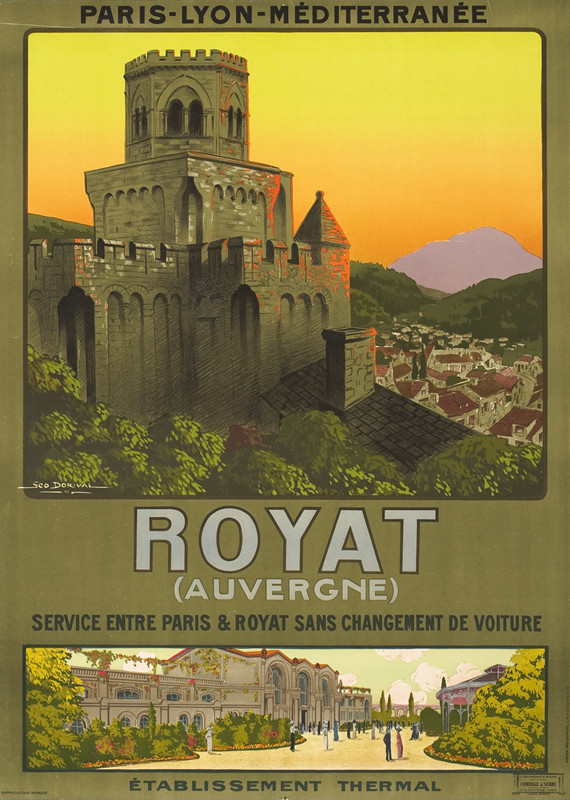 View of castle and town, spa/hotel bustling with guests; green, yellow, brown, blue