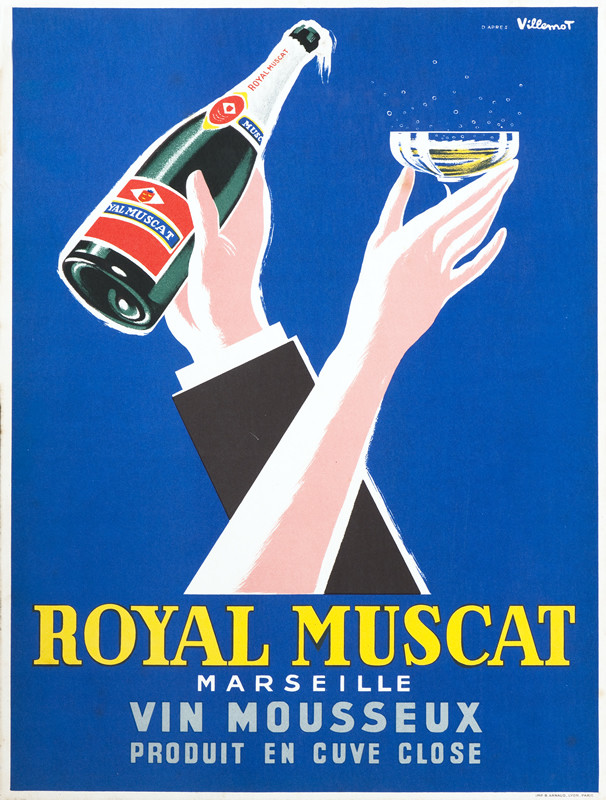 Woman's hand holding glass of champagne, man's hand holding the bottle, intertwined; blue, yellow, pink, green