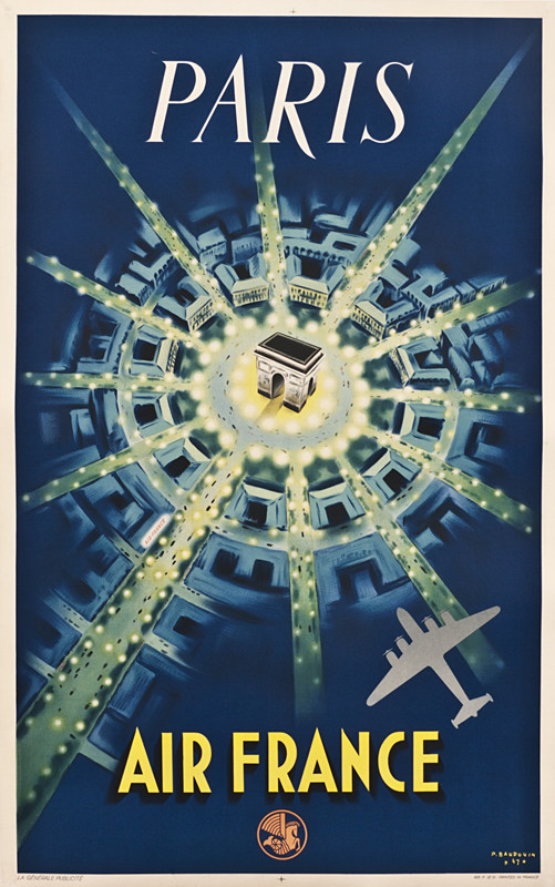 Arc de Triomphe with runways intersecting it from all directions, jet plane landing; green, yellow, blue