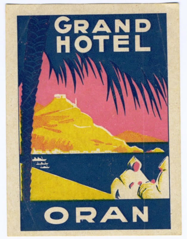 Abstracted scene of people in traditional dress on beach under palm; pink, blue, yellow