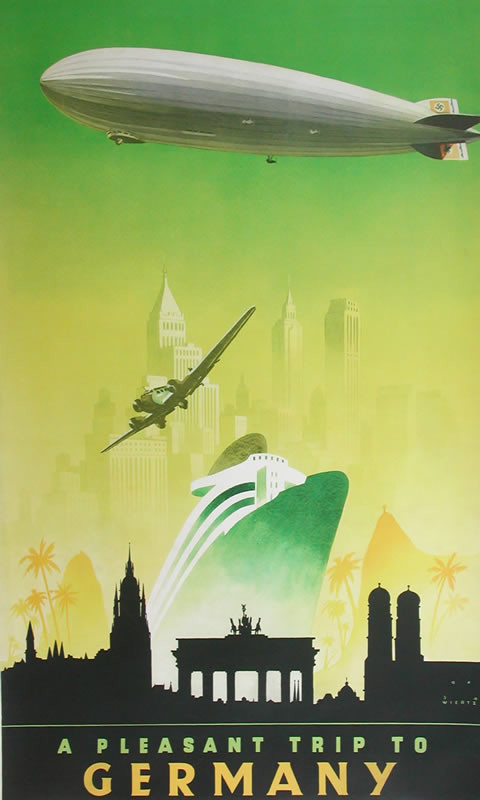 Zeppelin, ocean liner and plane fly from cities and jungle to Germany; green, black, yellow