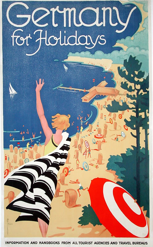 Woman with striped robe waves to friend on crowded beach; blue, red, yellow