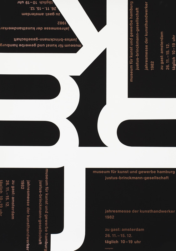 Text with exhibit information repeated in each corner, large letters "J", "K", "M", "H", black, white, bronze