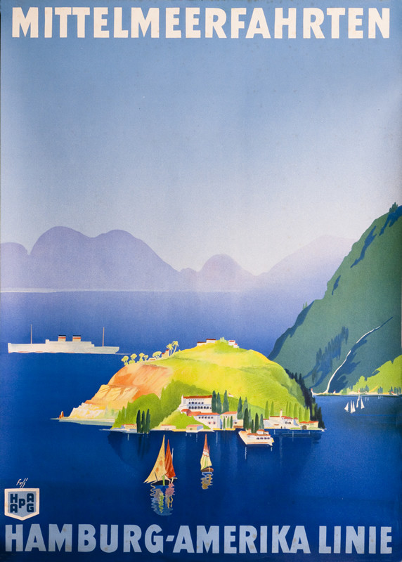Island, sailboats, ocean liner,  blue, green, orange