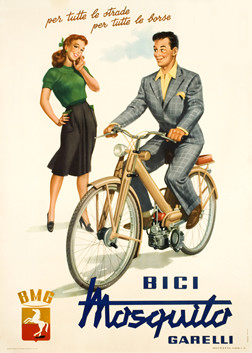 BOY SHOWING BIKE TO GIRL; WHITE, BLUE, RED, GOLD, GRAY, GRN