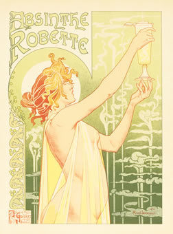 Woman in diaphanous gown holds up glass; green, pink, yellow
