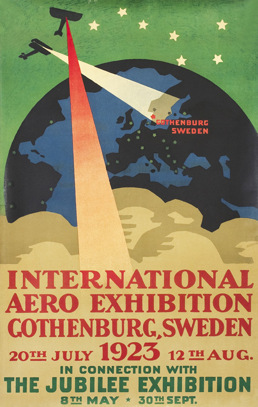 Airplanes shining spotlights, globe with map of world, cloud mass below; blue, red, brown, green