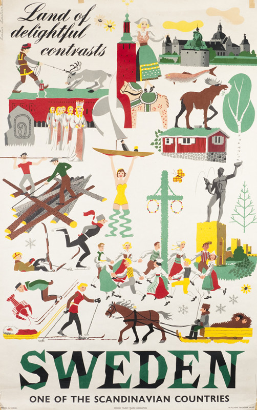 Many vignettes of animals, country life, pasttimes of the country; green, yellow, red