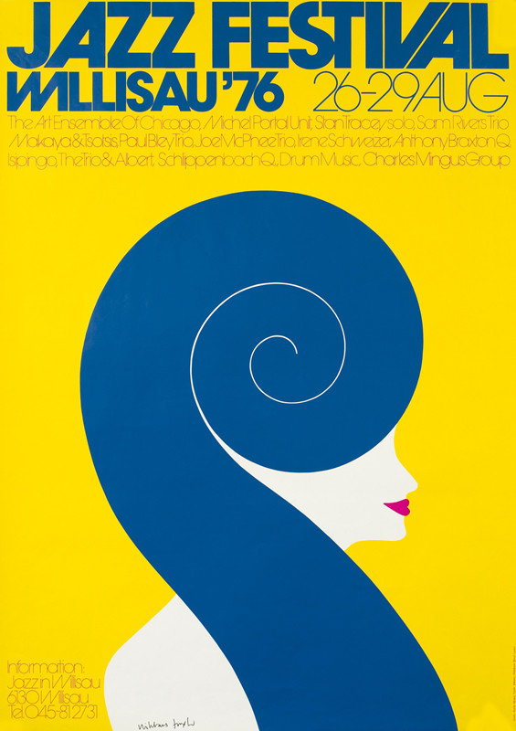 Woman with hair shaped like a bass head stock; blue, yellow