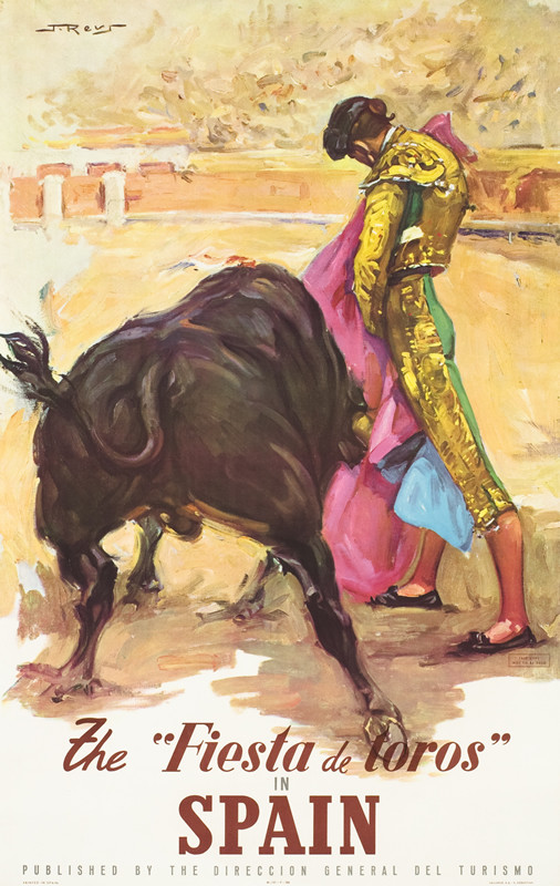 Bull runs through cape held by toreador in arena; brown, pink, yellow