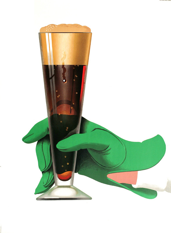 A green gloved hand holds a pilsner of dark beer