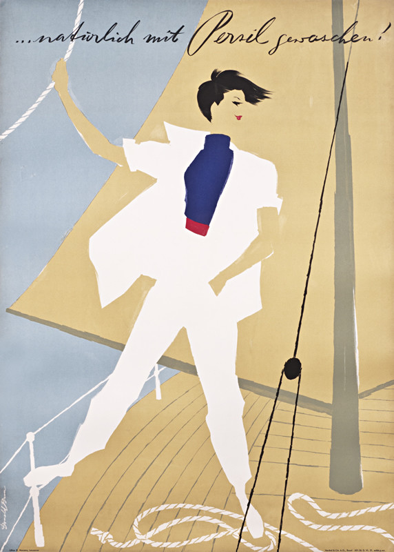 Woman stands attentively on sailboat; white, blue, yellow
