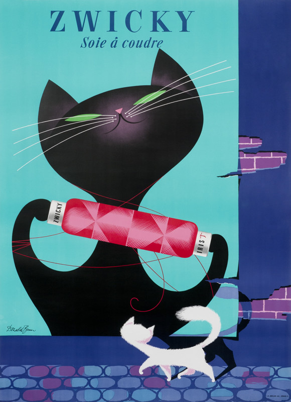 Cat walking on the sidewalk looks at billboard of zwicky cat; purple, pink