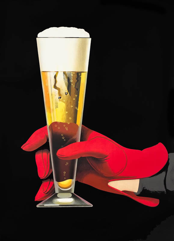 A red gloved hand holds a pilsner beer