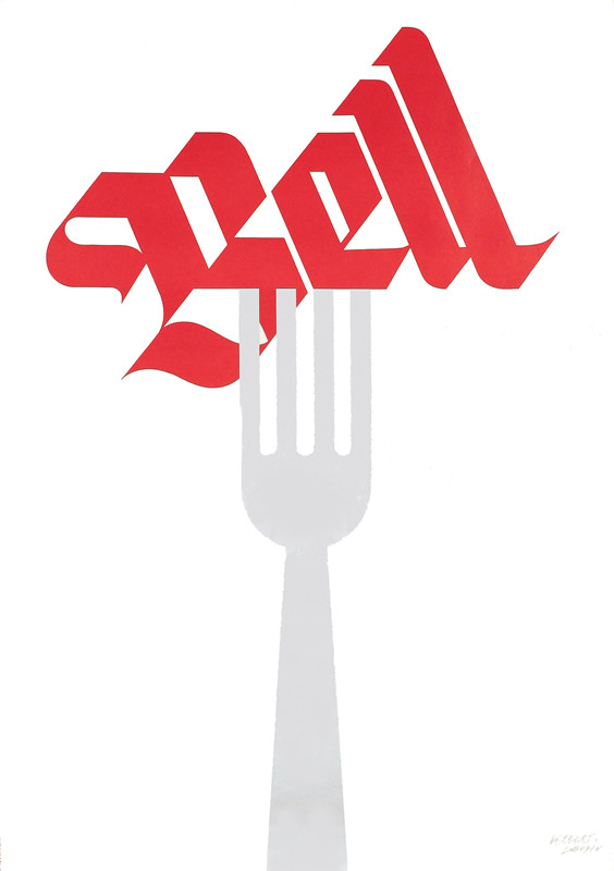 fork prongs the word Bell; red, gray