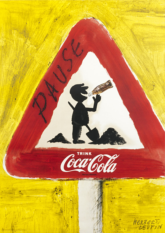 Danger sign with worker drinking Coke; blue, Black, red, white