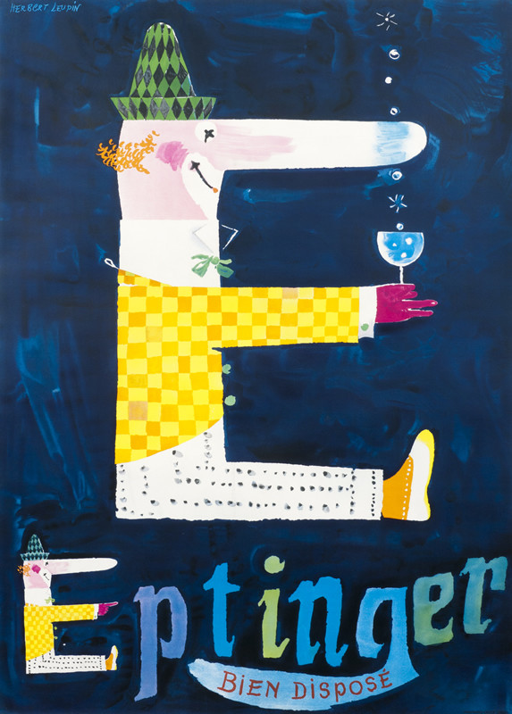 "E" shape clown holds out bubbling glass "Eptinger Good Mood"; blue background, yellow, red, green & pink