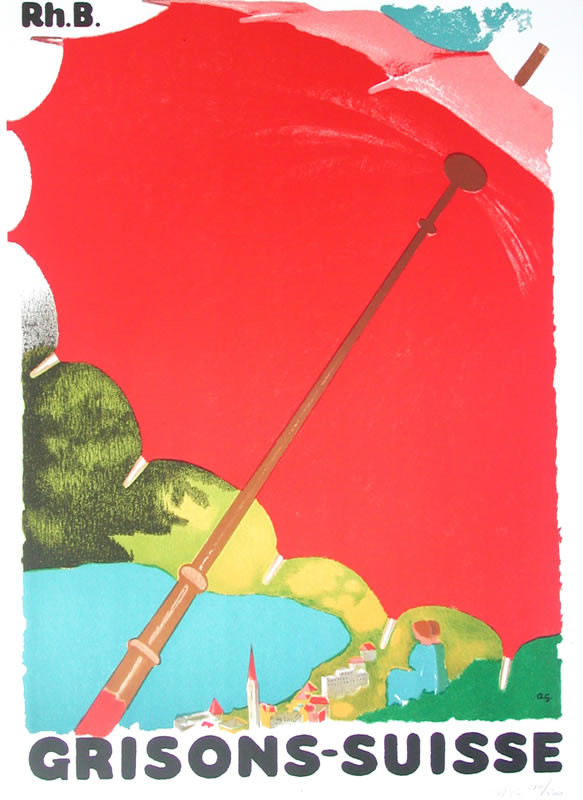 Umbrella over two women on grass; red, green, blue