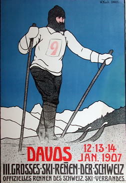 Ski racer skiing cross country with mountain backdrop; blue, red, black, white