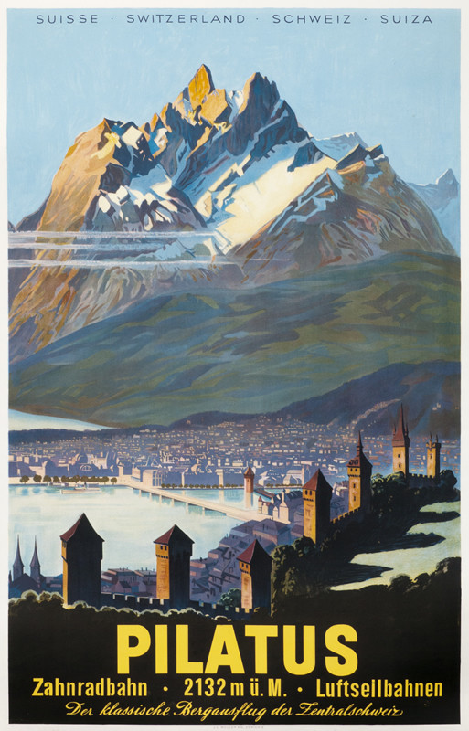 Mount Pilatus above Lucerne and lake; blue, brown
