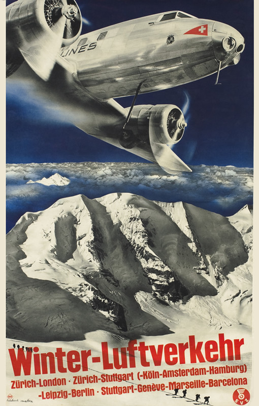 Douglas DC-2 Airplane flies over mountains; blue, black, white
