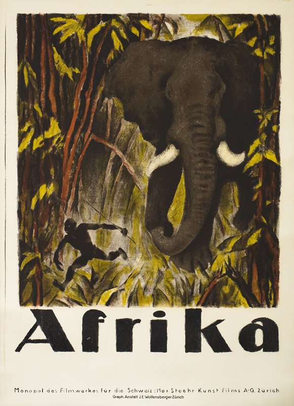 Native runs from elephant in forest; grey, green, brown